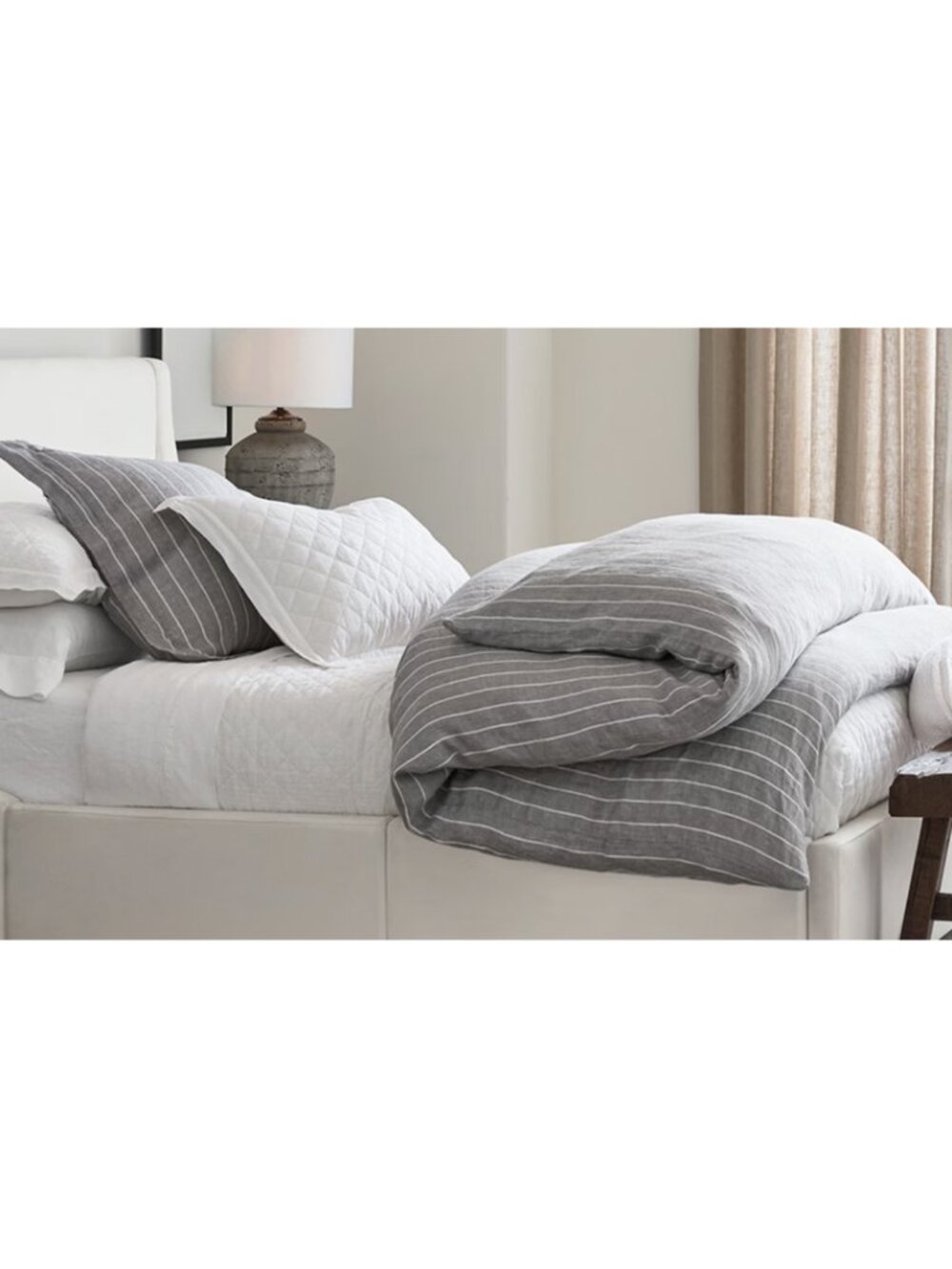 Pottery Barn Belgian Flax Linen Striped Duvet Cover in Grey Size Queen NWT